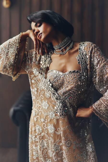 Shop_Twenty Nine_Gold Net Embroidery, Mirrors, Beads V-neck Hand Kaftan 