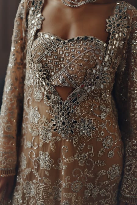 Twenty Nine_Gold Net Embroidery, Mirrors, Beads Sweetheart Neck Mirrorwork And Bustier _Online_at_Aza_Fashions