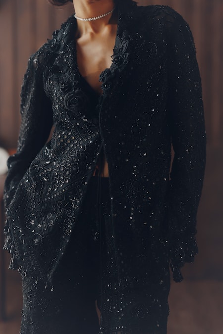 Buy Twenty Nine Black Net Embroidery, Mirrors, Beads 3d Flower Blazer Online at Aza Fashions Buy_Twenty Nine_Black Net Embroidery, Mirrors, Beads 3d Flower Blazer _Online_at_Aza_Fashions