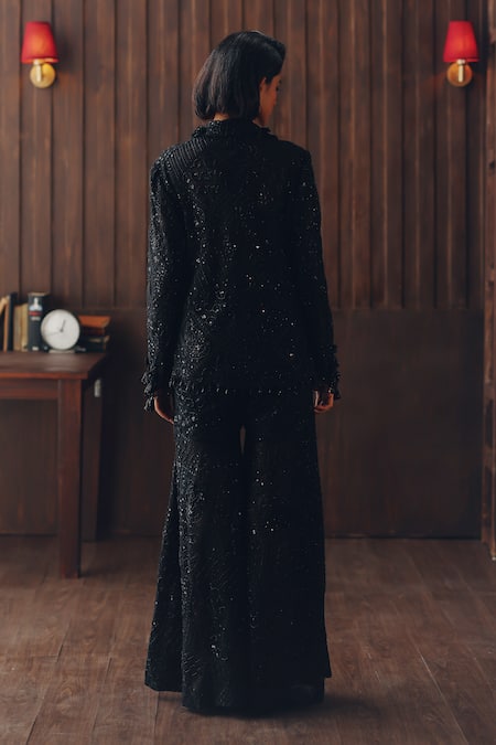 Shop Twenty Nine Black Net Embroidery, Mirrors, Beads 3d Flower Blazer at Aza Fashions Shop_Twenty Nine_Black Net Embroidery, Mirrors, Beads 3d Flower Blazer _at_Aza_Fashions