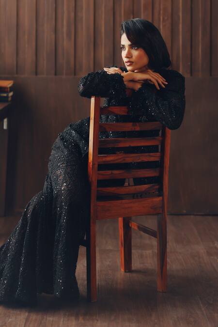 Shop Twenty Nine Black Net Embroidery, Mirrors, Beads 3d Flower Blazer Online at Aza Fashions Shop_Twenty Nine_Black Net Embroidery, Mirrors, Beads 3d Flower Blazer _Online_at_Aza_Fashions