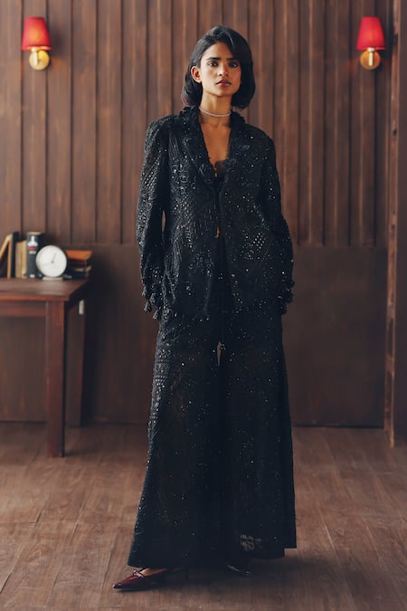 Twenty Nine Black Net Embroidery, Mirrors, Beads 3d Flower Blazer 