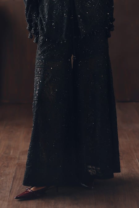 Twenty Nine_Black Silk Mirrors, Beads Mirrorwork Beadwork Embellished Bootcut Pant _Online_at_Aza_Fashions