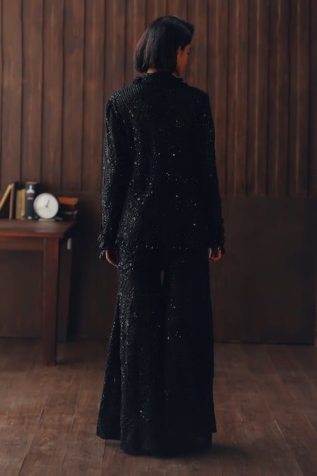 Shop_Twenty Nine_Black Silk Mirrors, Beads Mirrorwork Beadwork Embellished Bootcut Pant _at_Aza_Fashions