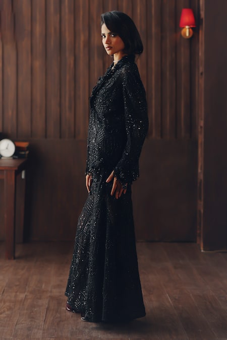 Buy_Twenty Nine_Black Silk Mirrors, Beads Mirrorwork Beadwork Embellished Bootcut Pant _Online_at_Aza_Fashions