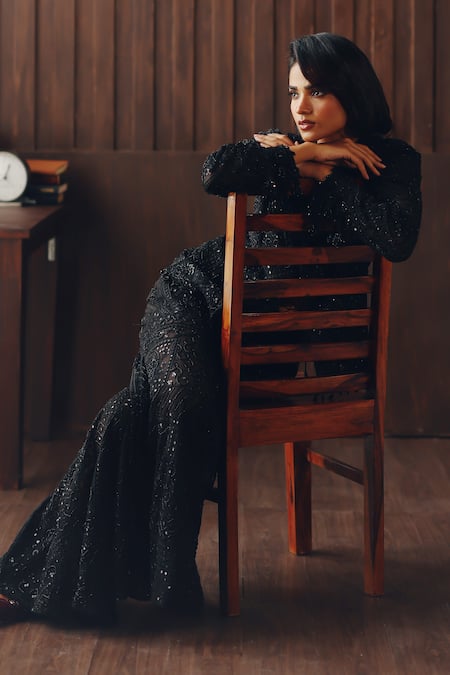 Shop_Twenty Nine_Black Silk Mirrors, Beads Mirrorwork Beadwork Embellished Bootcut Pant _Online_at_Aza_Fashions