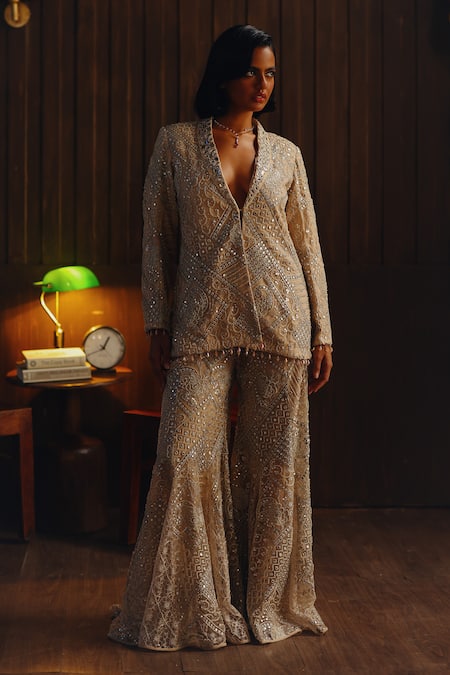 Twenty Nine Pink Net Embroidery, Mirrors, Beads Monarch Collar Hand Blazer 