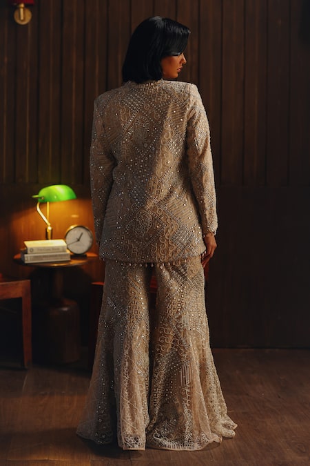 Shop Twenty Nine Pink Net Embroidery, Mirrors, Beads Monarch Collar Hand Blazer at Aza Fashions Shop_Twenty Nine_Pink Net Embroidery, Mirrors, Beads Monarch Collar Hand Blazer _at_Aza_Fashions