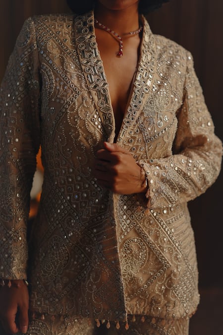 Twenty Nine Pink Net Embroidery, Mirrors, Beads Monarch Collar Hand Blazer Online at Aza Fashions Twenty Nine_Pink Net Embroidery, Mirrors, Beads Monarch Collar Hand Blazer _Online_at_Aza_Fashions