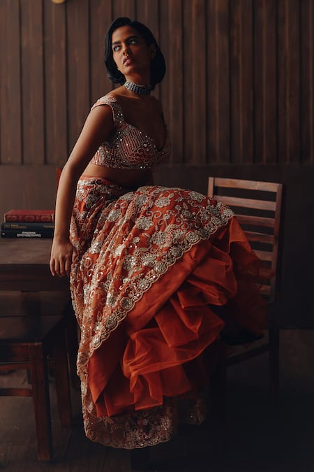 Twenty Nine_Rust Net Embroidery, Sequins, Beads, Lehenga Set _Online_at_Aza_Fashions