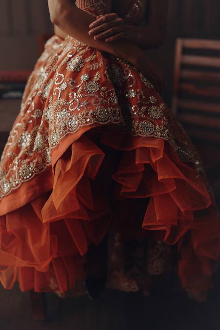 Shop_Twenty Nine_Rust Net Embroidery, Sequins, Beads, Lehenga Set _Online_at_Aza_Fashions