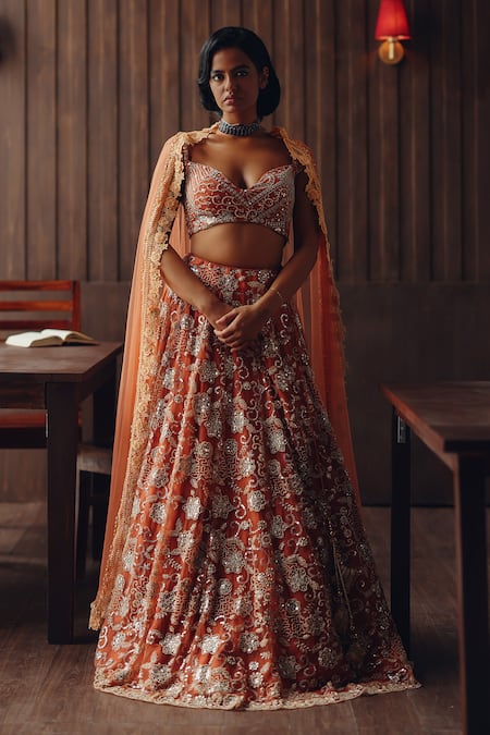 Twenty Nine Rust Beaded Blossom Beaded Blossom Embroidered Lehenga Set 