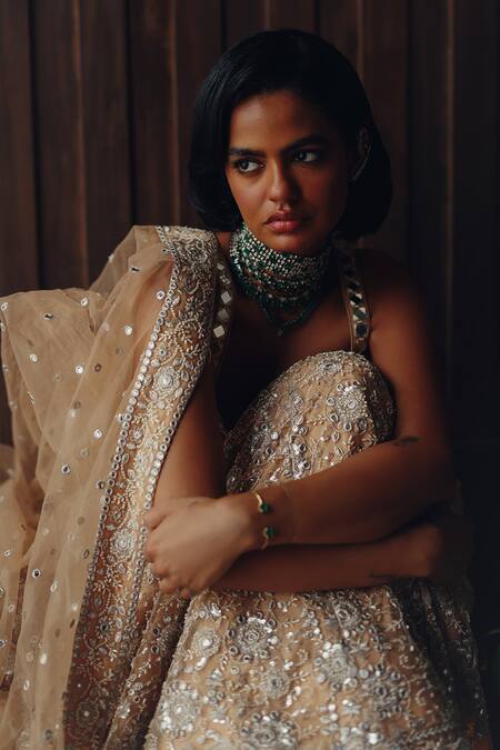 Twenty Nine Gold Net Embroidery, Sequins, Zari, Mirrors, And Lehenga Set Online at Aza Fashions Twenty Nine_Gold Net Embroidery, Sequins, Zari, Mirrors, And Lehenga Set _Online_at_Aza_Fashions