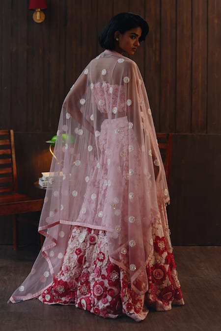 Shop Twenty Nine Pink Net Embroidery, Sequins, Fabric Garden Muse Floral Applique Lehenga Set at Aza Fashions Shop_Twenty Nine_Pink Net Embroidery, Sequins, Fabric Garden Muse Floral Applique Lehenga Set _at_Aza_Fashions