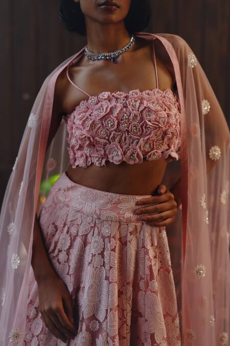 Twenty Nine Pink Net Embroidery, Sequins, Fabric Garden Muse Floral Applique Lehenga Set Online at Aza Fashions Twenty Nine_Pink Net Embroidery, Sequins, Fabric Garden Muse Floral Applique Lehenga Set _Online_at_Aza_Fashions