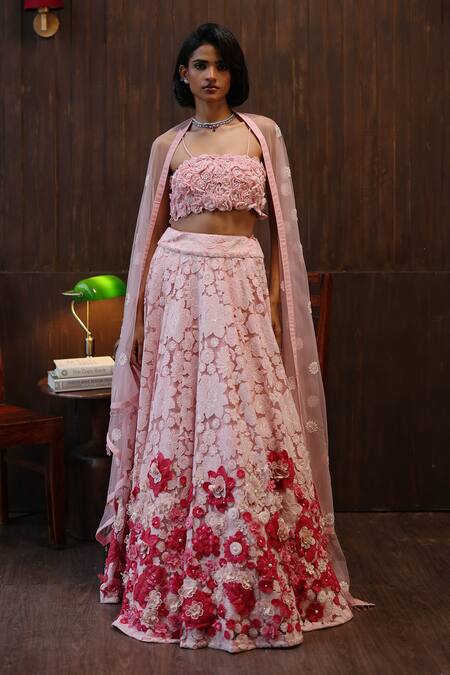 Buy Twenty Nine Pink Net Embroidery, Sequins, Fabric Garden Muse Floral Applique Lehenga Set Online at Aza Fashions Buy_Twenty Nine_Pink Net Embroidery, Sequins, Fabric Garden Muse Floral Applique Lehenga Set _Online_at_Aza_Fashions