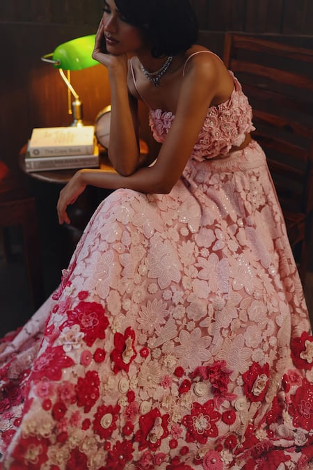 Shop Twenty Nine Pink Net Embroidery, Sequins, Fabric Garden Muse Floral Applique Lehenga Set Online at Aza Fashions Shop_Twenty Nine_Pink Net Embroidery, Sequins, Fabric Garden Muse Floral Applique Lehenga Set _Online_at_Aza_Fashions