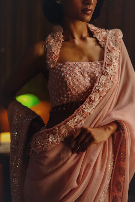 Buy_Twenty Nine_Pink Georgette, Satin Embroidery, 3d Floral Embellished Saree With Blouse _Online_at_Aza_Fashions