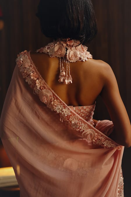 Shop_Twenty Nine_Pink Georgette, Satin Embroidery, 3d Floral Embellished Saree With Blouse _Online_at_Aza_Fashions