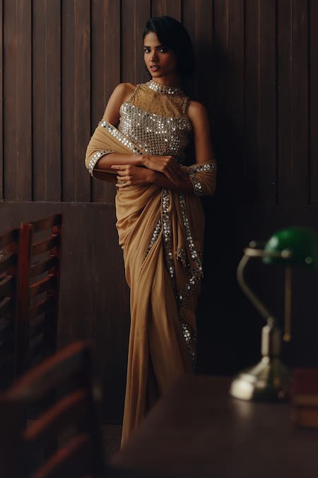 Twenty Nine_Gold Georgette, Satin Mirrors, Beads High Neck And Embroidered Saree With Blouse _Online_at_Aza_Fashions