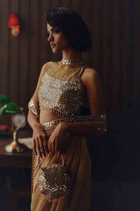 Buy_Twenty Nine_Gold Georgette, Satin Mirrors, Beads High Neck And Embroidered Saree With Blouse _Online_at_Aza_Fashions