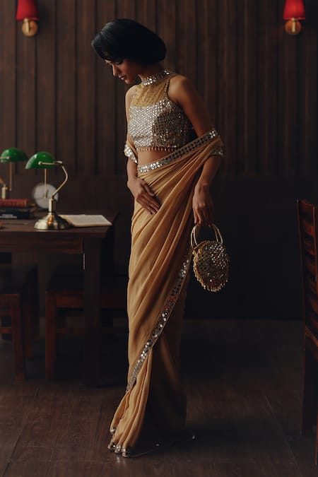 Shop_Twenty Nine_Gold Georgette, Satin Mirrors, Beads High Neck And Embroidered Saree With Blouse _Online_at_Aza_Fashions