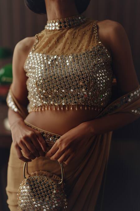 Twenty Nine_Gold Georgette, Satin Mirrors, Beads High Neck And Embroidered Saree With Blouse _at_Aza_Fashions