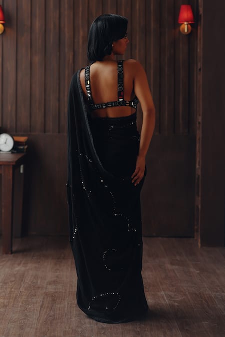 Shop Twenty Nine Black Georgette, Satin Mirrors, Embroidery, Jaal And Floral Saree With Blouse at Aza Fashions Shop_Twenty Nine_Black Georgette, Satin Mirrors, Embroidery, Jaal And Floral Saree With Blouse _at_Aza_Fashions