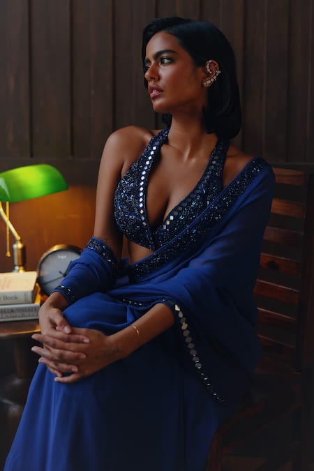 Twenty Nine_Blue Georgette, Satin Beads, Horizon Ombre Beadwork Jaal Saree With Blouse _Online_at_Aza_Fashions