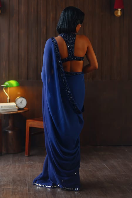Shop_Twenty Nine_Blue Georgette, Satin Beads, Horizon Ombre Beadwork Jaal Saree With Blouse _at_Aza_Fashions