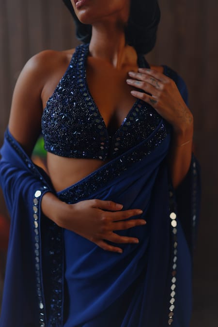 Shop_Twenty Nine_Blue Georgette, Satin Beads, Horizon Ombre Beadwork Jaal Saree With Blouse _Online_at_Aza_Fashions