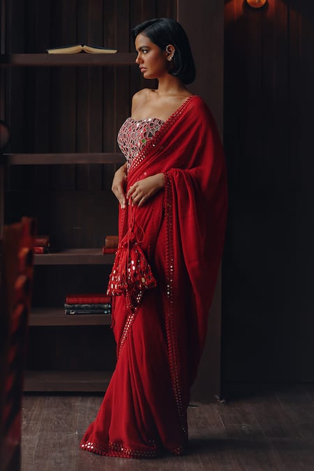 Twenty Nine Red Georgette, Satin Mirrors, Scalloped Mirrorwork Saree With Corset Blouse Online at Aza Fashions Twenty Nine_Red Georgette, Satin Mirrors, Scalloped Mirrorwork Saree With Corset Blouse _Online_at_Aza_Fashions