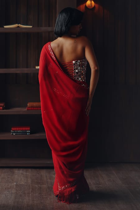 Shop Twenty Nine Red Georgette, Satin Mirrors, Scalloped Mirrorwork Saree With Corset Blouse at Aza Fashions Shop_Twenty Nine_Red Georgette, Satin Mirrors, Scalloped Mirrorwork Saree With Corset Blouse _at_Aza_Fashions