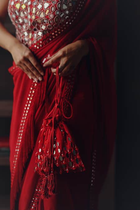 Shop Twenty Nine Red Georgette, Satin Mirrors, Scalloped Mirrorwork Saree With Corset Blouse Online at Aza Fashions Shop_Twenty Nine_Red Georgette, Satin Mirrors, Scalloped Mirrorwork Saree With Corset Blouse _Online_at_Aza_Fashions