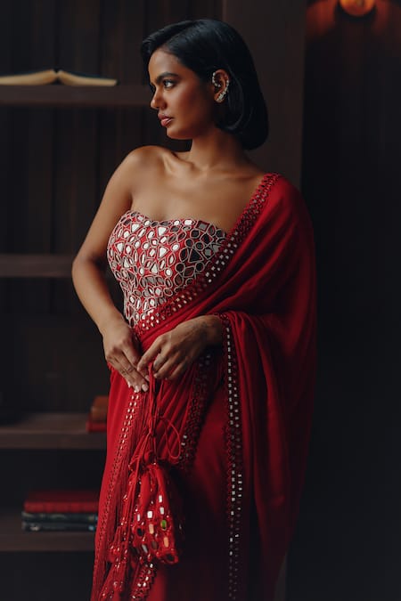 Twenty Nine Red Georgette, Satin Mirrors, Scalloped Mirrorwork Saree With Corset Blouse at Aza Fashions Twenty Nine_Red Georgette, Satin Mirrors, Scalloped Mirrorwork Saree With Corset Blouse _at_Aza_Fashions