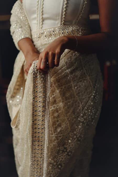 Buy_Twenty Nine_Ivory Net, Satin Beads, Mirrors, Tassels Beadwork Jaal Saree With Corset Blouse _Online_at_Aza_Fashions