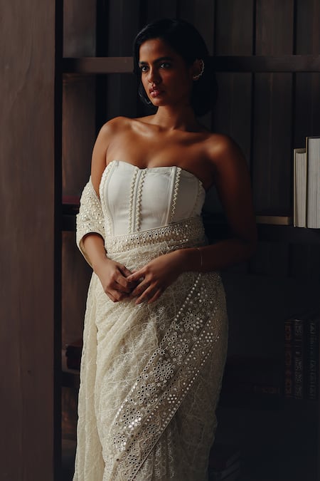Shop_Twenty Nine_Ivory Net, Satin Beads, Mirrors, Tassels Beadwork Jaal Saree With Corset Blouse _Online_at_Aza_Fashions