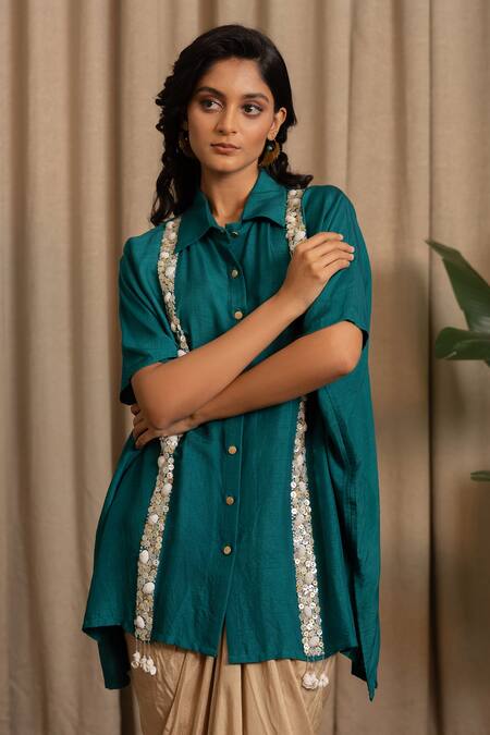 Vanshika Agarwal Label_Teal Bemberg, Silk Sequins, Tassels Tressa Embellished Kaftan And Dhoti Skirt Set _Online_at_Aza_Fashions