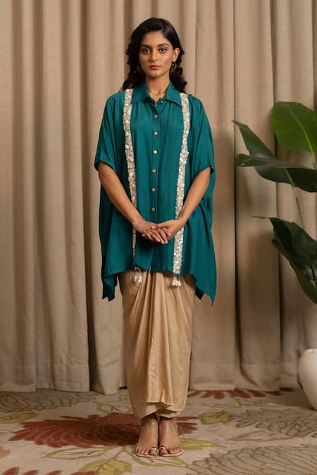 Vanshika Agarwal Label Teal Bemberg, Silk Sequins, Tressa Kaftan And Dhoti Skirt Set With Embellishments 