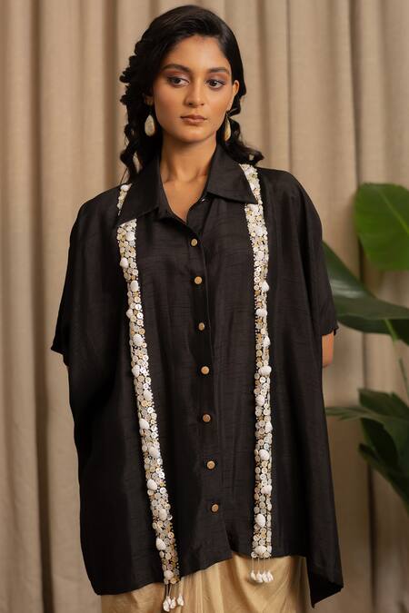 Buy_Vanshika Agarwal Label_Black Bemberg, Silk Sequins, Stones Tressa Embellished Kaftan And Dhoti Skirt Set _Online_at_Aza_Fashions