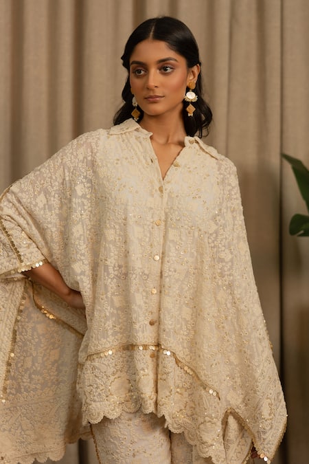 Buy Vanshika Agarwal Label Off White Georgette, Cotton Embroidery, Sequins Collared Zuna Top And Pant Set Online at Aza Fashions Buy_Vanshika Agarwal Label_Off White Georgette, Cotton Embroidery, Sequins Collared Zuna Top And Pant Set _Online_at_Aza_Fashions