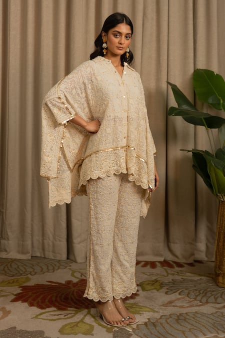Vanshika Agarwal Label Off White Georgette, Cotton Embroidery, Sequins Collared Zuna Top And Pant Set 