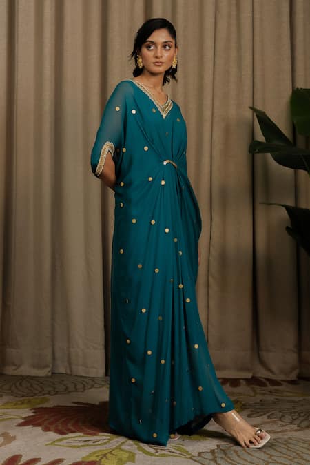 Vanshika Agarwal Label Teal Georgette Sequins, Embroidery V-neck Polka Dot Kaftan Online at Aza Fashions Vanshika Agarwal Label_Teal Georgette Sequins, Embroidery V-neck Polka Dot Kaftan _Online_at_Aza_Fashions