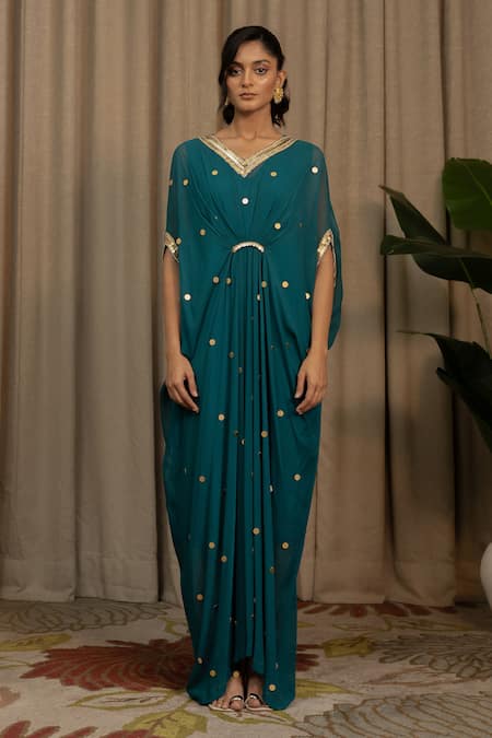 Buy Vanshika Agarwal Label Teal Georgette Sequins, Embroidery V-neck Polka Dot Kaftan Online at Aza Fashions Buy_Vanshika Agarwal Label_Teal Georgette Sequins, Embroidery V-neck Polka Dot Kaftan _Online_at_Aza_Fashions