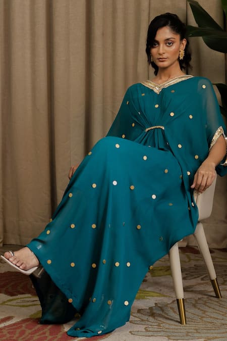 Shop Vanshika Agarwal Label Teal Georgette Sequins, Embroidery V-neck Polka Dot Kaftan Online at Aza Fashions Shop_Vanshika Agarwal Label_Teal Georgette Sequins, Embroidery V-neck Polka Dot Kaftan _Online_at_Aza_Fashions