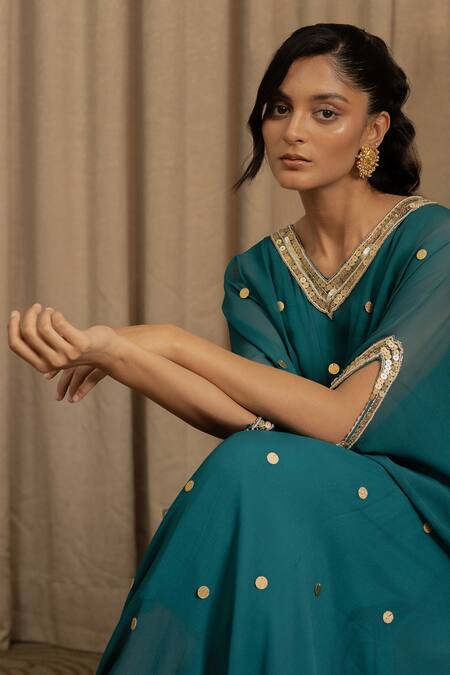 Vanshika Agarwal Label Teal Georgette Sequins, Embroidery V-neck Polka Dot Kaftan at Aza Fashions Vanshika Agarwal Label_Teal Georgette Sequins, Embroidery V-neck Polka Dot Kaftan _at_Aza_Fashions