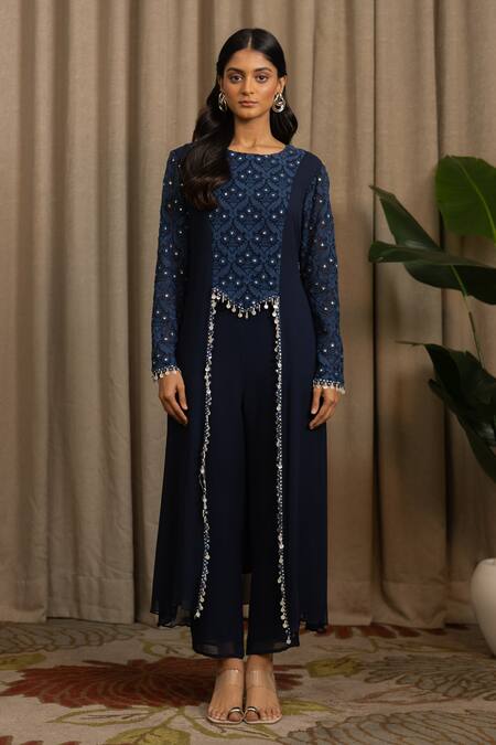 Vanshika Agarwal Label_Navy Georgette Embroidery, Mirrors Round Neck Lyana Long Top And Pant Set _Online_at_Aza_Fashions