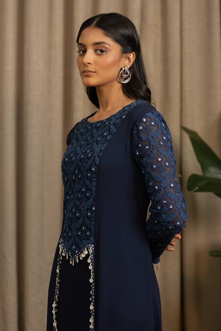 Buy_Vanshika Agarwal Label_Navy Georgette Embroidery, Mirrors Round Neck Lyana Long Top And Pant Set _Online_at_Aza_Fashions