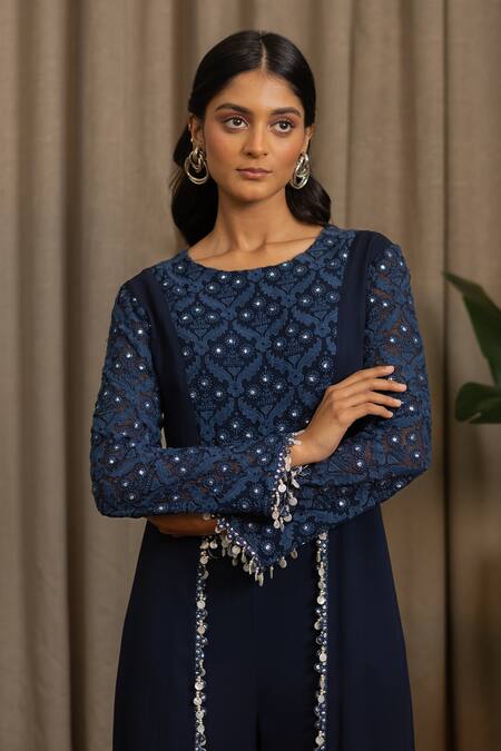 Shop_Vanshika Agarwal Label_Navy Georgette Embroidery, Mirrors Round Neck Lyana Long Top And Pant Set _Online_at_Aza_Fashions