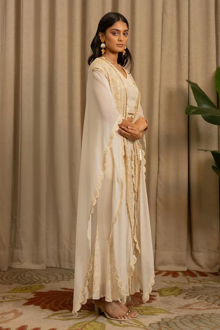 Vanshika Agarwal Label_Off White Georgette Embroidery, Sequins V-, Open Reva Jacket Pant Set _Online_at_Aza_Fashions
